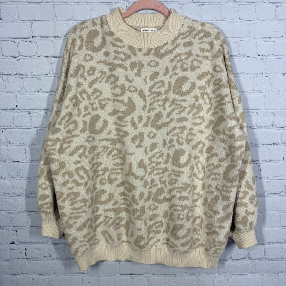 Beige Leopard Print Oversized Sweater Mediun Pullover Animal Pattern Knit Top - Picture 1 of 6
